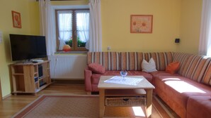 Ein Wohnzimmer mit einer Couch, einem Couchtisch, einem Fernseher auf einem Holzgestell, einer Heizung und einem Fenster mit Vorhängen.