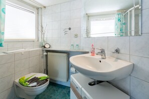 Chuveiro, secador de cabelo, sabonete, papel higiênico