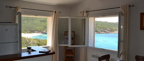 A room with a kitchen area, a dining table with chairs, and large windows offering a view of a beach and sea.