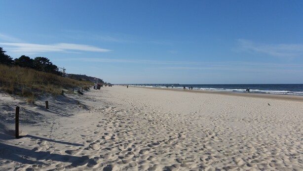 Une plage de sable parsemée d’empreintes, une zone herbeuse et une jetée visible au loin.
