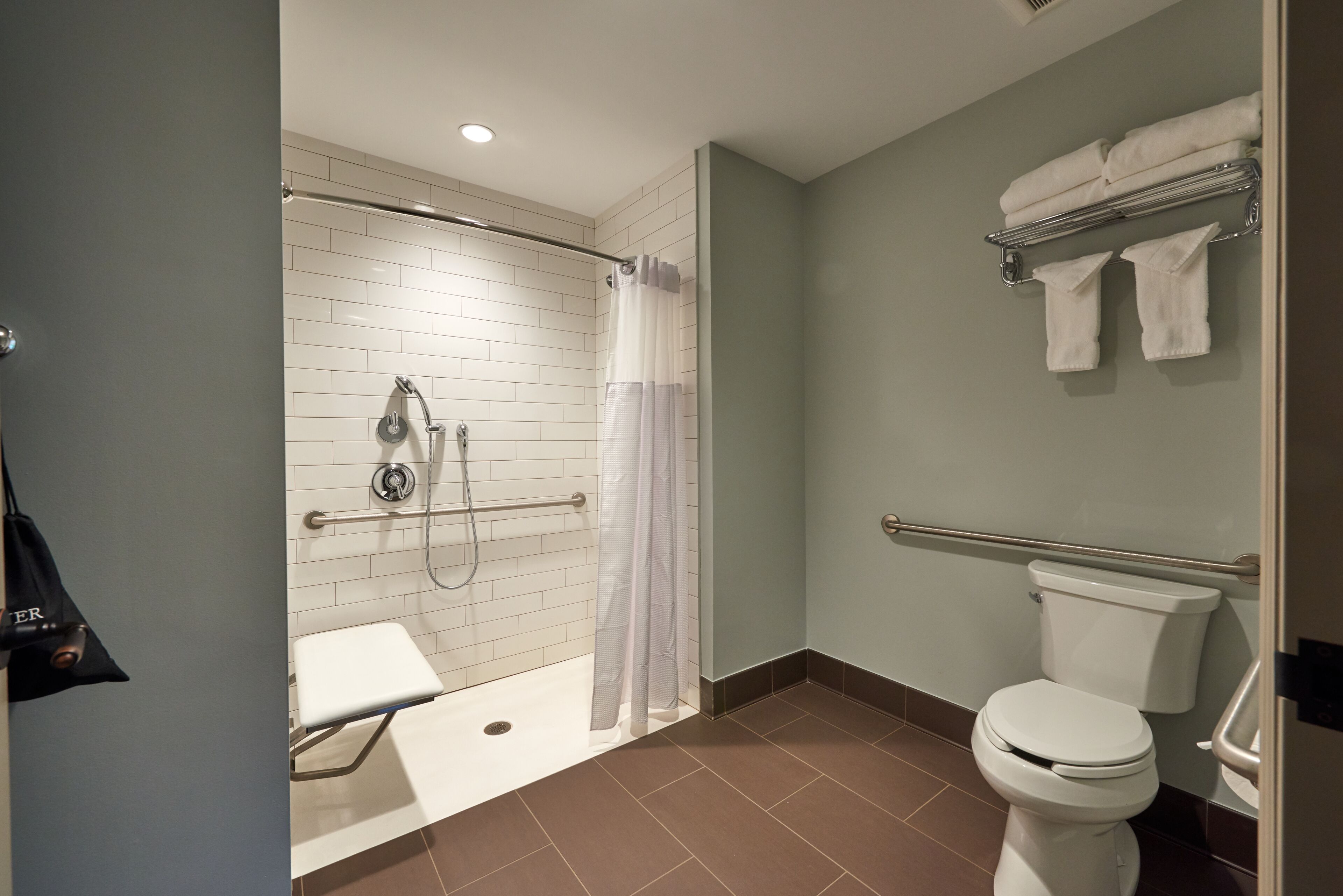 A bathroom with a shower, toilet, and a towel rack.