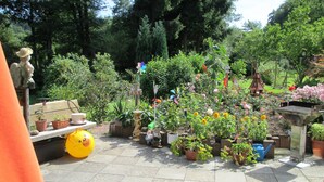 A garden with various potted plants, a windmill, and a bench. - Apartment right on the forest in a quiet, secluded location in the heart of the Vulkaneifel (Gerolstein)