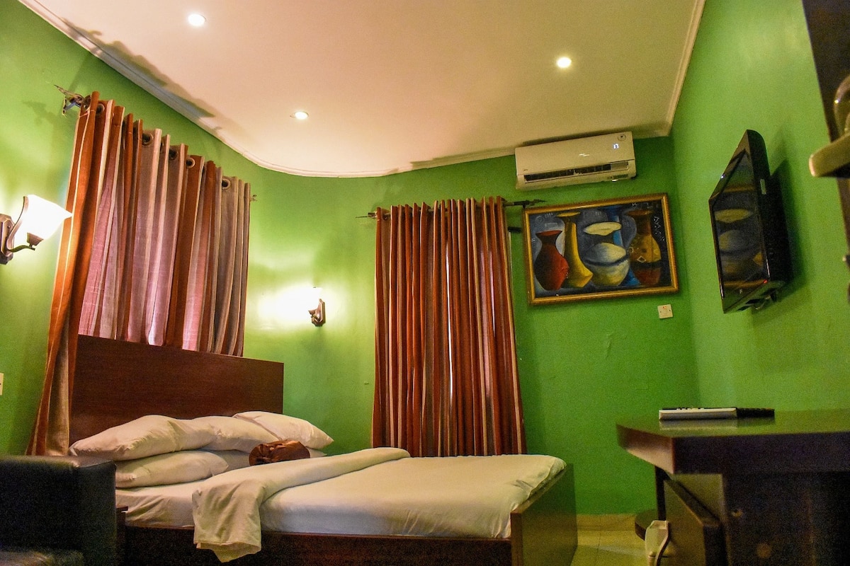 Quarto com cama, cortinas, um quadro, televisão e ar condicionado.