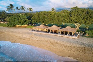 A beachfront property with a covered patio area, palm trees, and a view of the ocean.