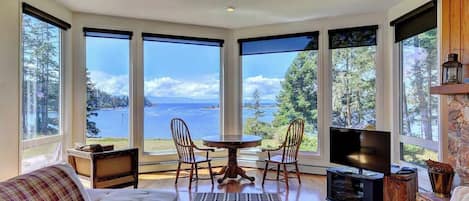 Televisión, chimenea, reproductor de DVD y oficina