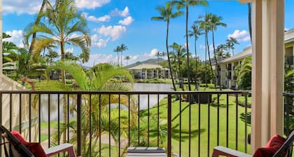 Kauai Beach Villas E-15 view the Freshwater Lagoon & Tropical Garden