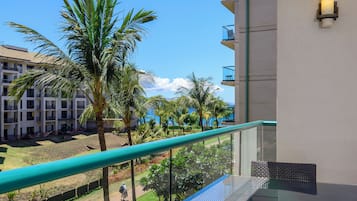 Ein Balkon mit Glastrennwand, der auf eine angelegte Grünfläche mit Palmen und ein Gebäude im Hintergrund blickt.