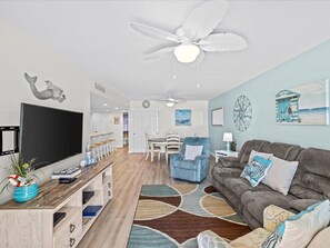 TV, DVD player, video library
