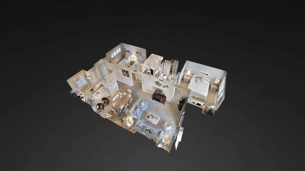 A 3D model of a hotel room with a living area, a bedroom, a bathroom, and a kitchen. - Prime Location + Fun Activities! Islander 312 (Destin)