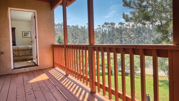 Een houten terras met een balustrade, met uitzicht op een bebost gebied.