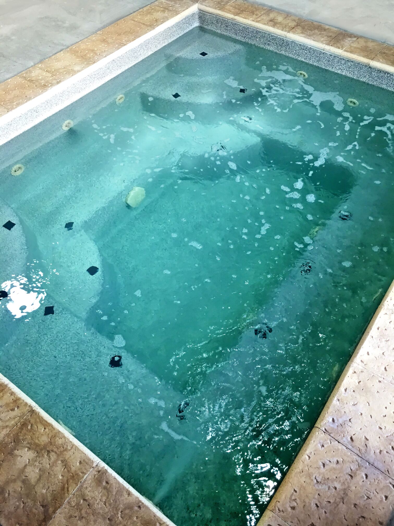A rectangular pool with clear water, surrounded by a tiled border.
