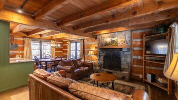 Televisión, chimenea, reproductor de DVD, estéreo