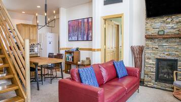 TV connectée, cheminée, lecteur de DVD, livres