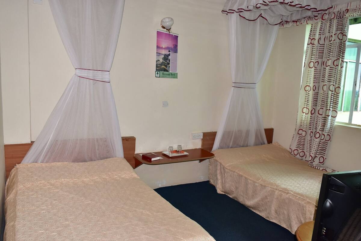 Una habitación de hotel con dos camas, una mesita con lámpara, un cartel en la pared y una ventana con cortinas estampadas.