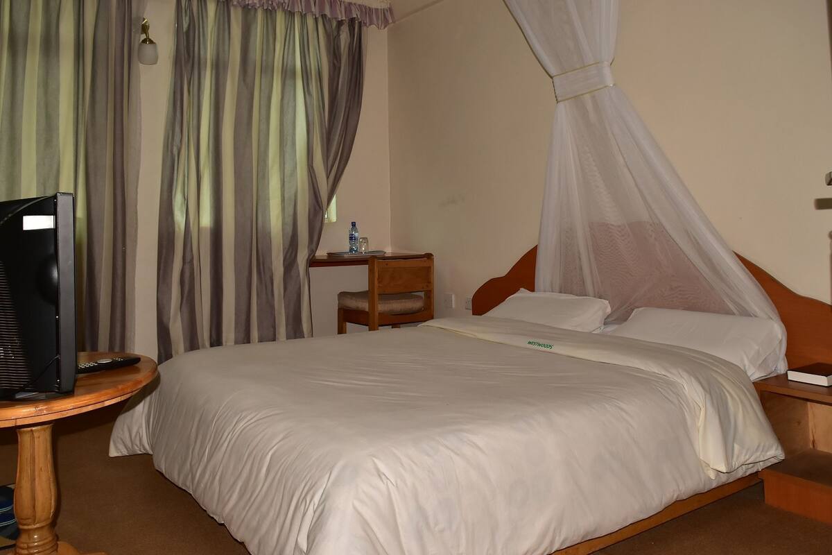 Una habitación de hotel con una cama, una mesita de noche, una silla, un televisor y cortinas.