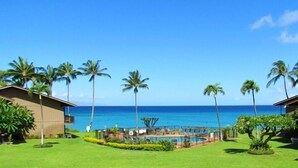A resort with a pool area, palm trees, and a view of the ocean. - Unit 108 breathtaking ocean view! discounted price! (Lahaina)