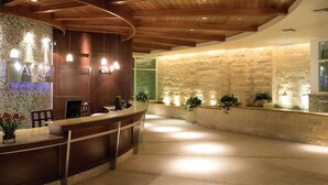 Un espace d’accueil comprenant un comptoir de réception en bois, un mur décoré de mosaïques et un mur en pierre agrémenté de plantes.