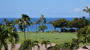 Een golfbaan met uitzicht op de oceaan en palmbomen.
