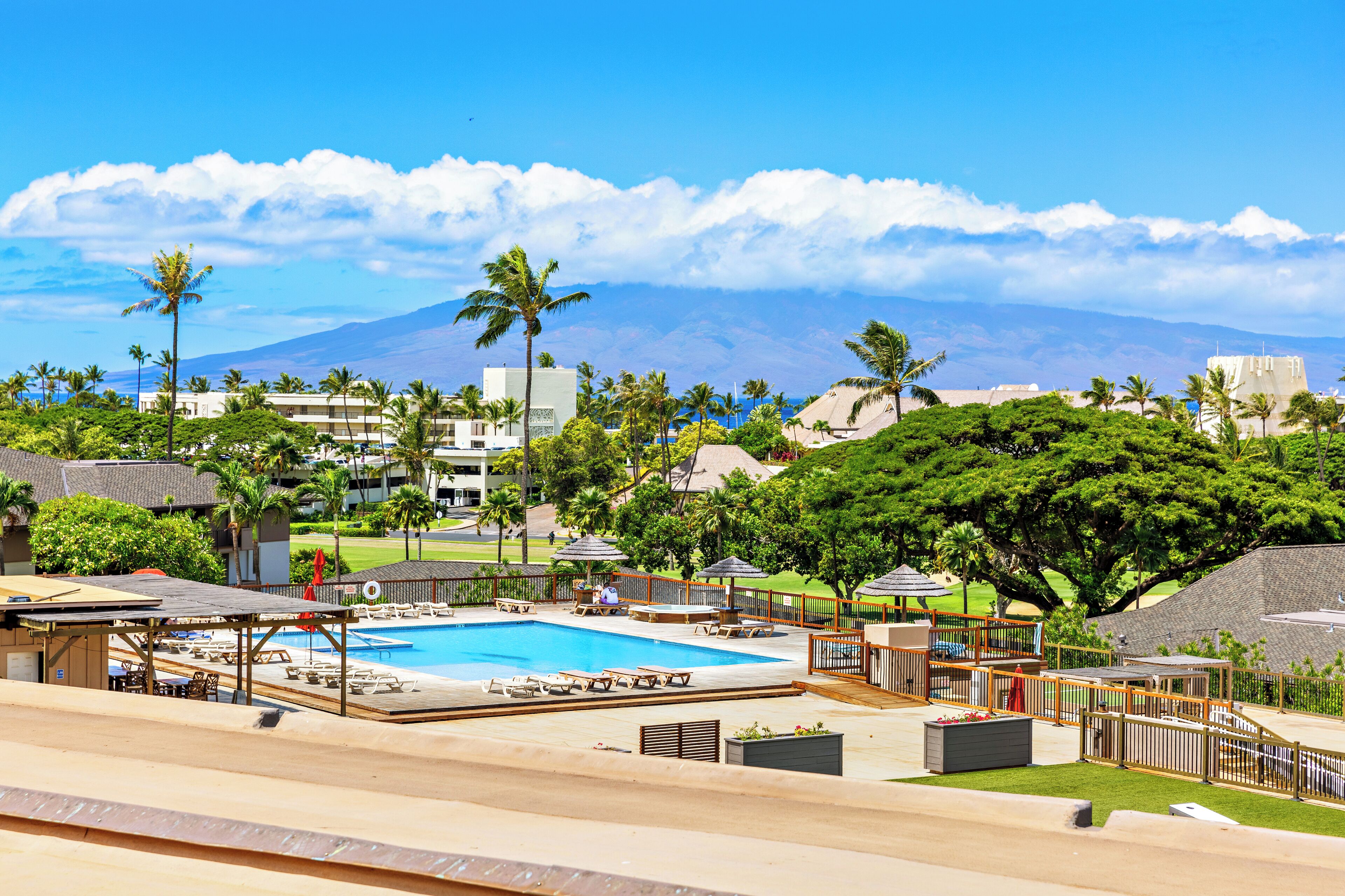 A resort with a swimming pool, palm trees, and a mountain in the background.