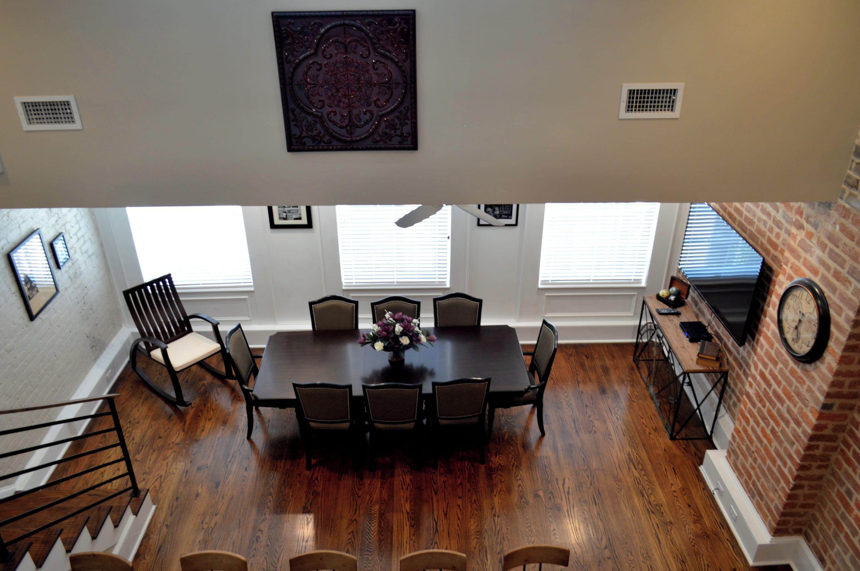View down to kitchen and dining