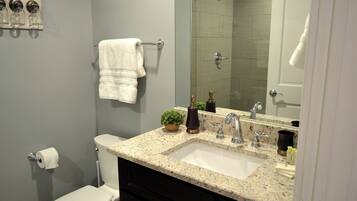 Master Private bath has a step in shower