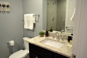 Master Private bath has a step in shower - Editorial/ Short Story Themed Historic, Luxury condo 3 blocks from the French Quarter (New Orleans)