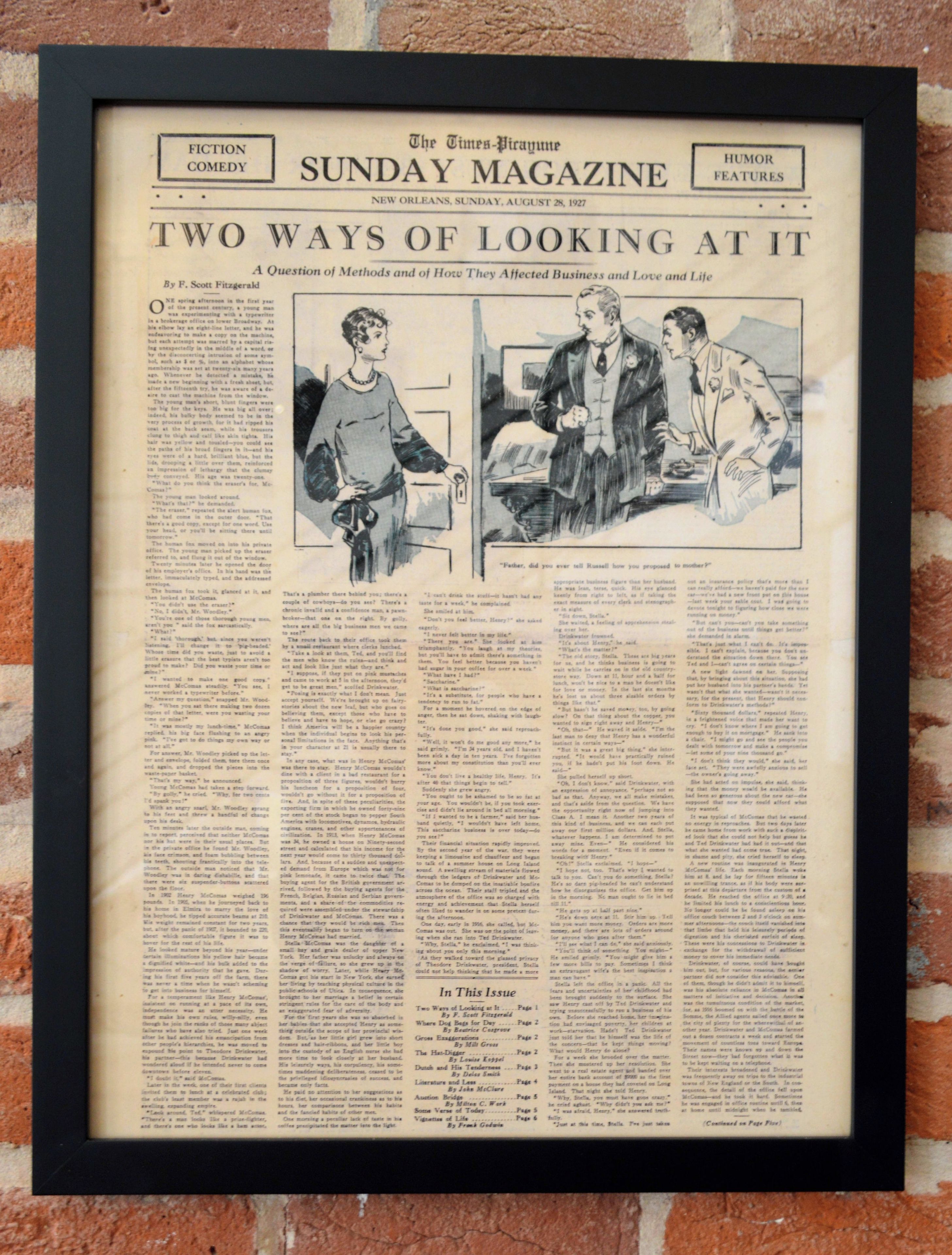 A framed newspaper article titled 'Two Ways of Looking at It' from The Times-Picayune, dated August 28, 1927.