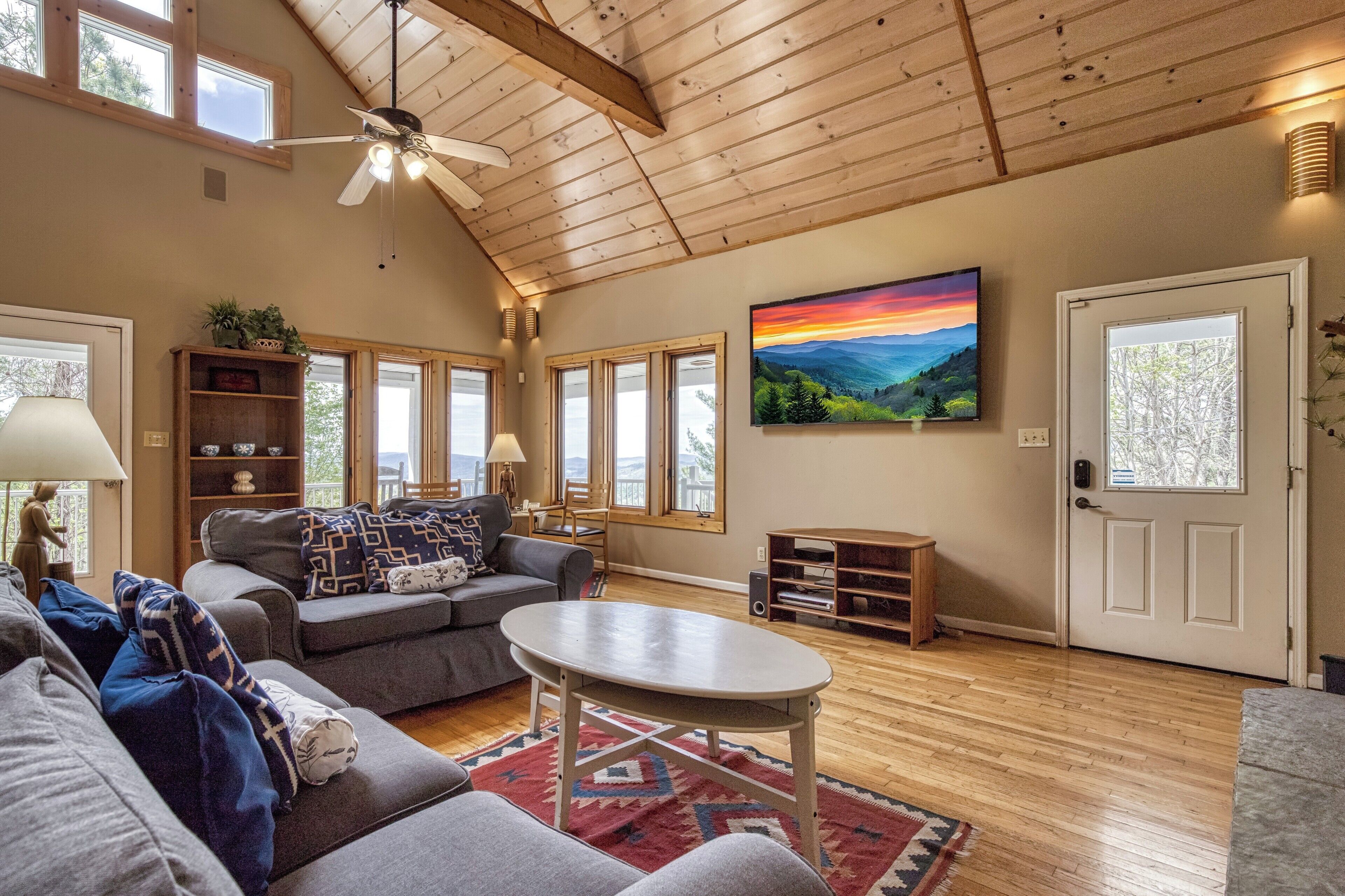 Télévision, cheminée, lecteur de DVD, chaîne hi-fi