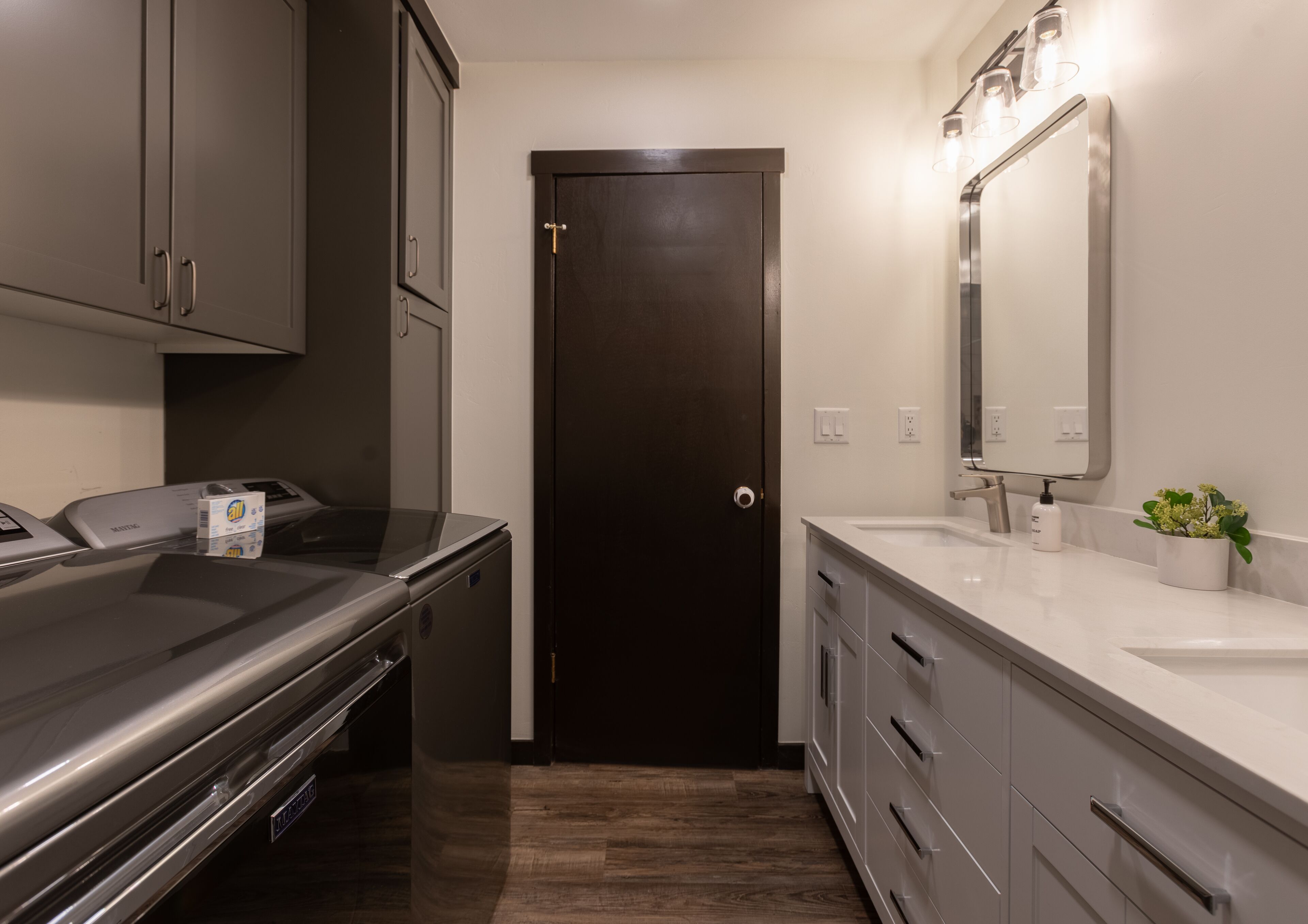 Une salle de bain moderne avec une porte sombre, un grand miroir, un lavabo et un plan de travail agrémenté d’une plante.