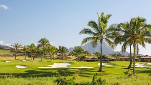 A golf course with palm trees, bunkers, and a clear sky.