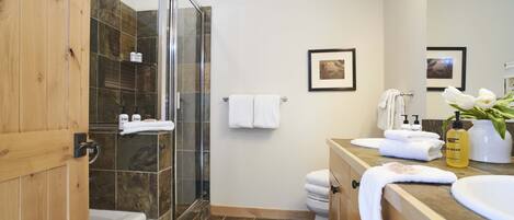 A modern bathroom with a glass shower enclosure, a bathtub, a toilet, and a vanity with a sink and mirror.