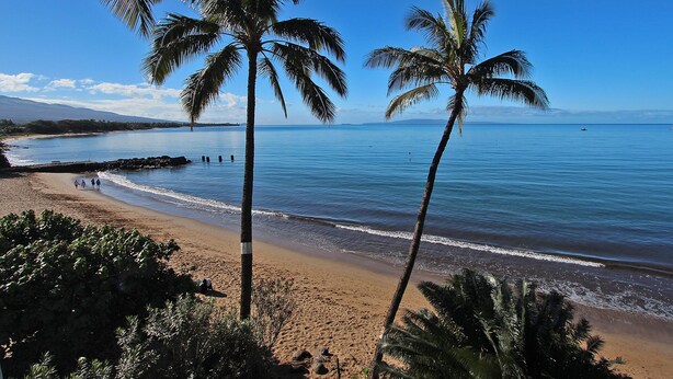 A beach with palm trees, clear blue water, and a distant mountain range. - Oceanfront Kihei Beach Unit 410 Panoramic Views  Steps to the Beach! (Kihei)