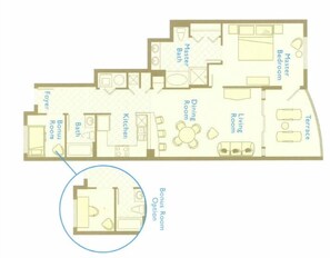 A hotel floor plan with a foyer, master bedroom, master bathroom, bonus room option, dining room, kitchen, living room, and terrace.