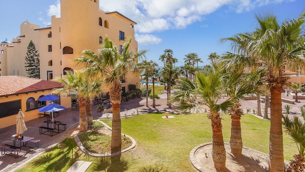 A courtyard with palm trees, outdoor seating, and a building with a dome and arched windows.