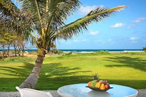 Oceanfront avec vue sur la magnifique côte le long de la côte royale de noix de coco de Kauai