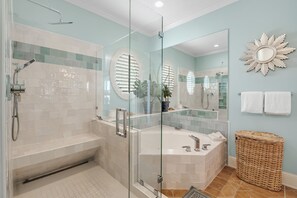 Shower, hair dryer, towels