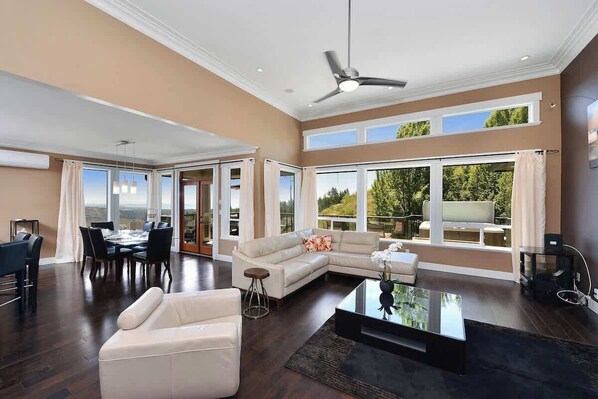 Télévision, cheminée, chaîne hi-fi, espaces bureaux