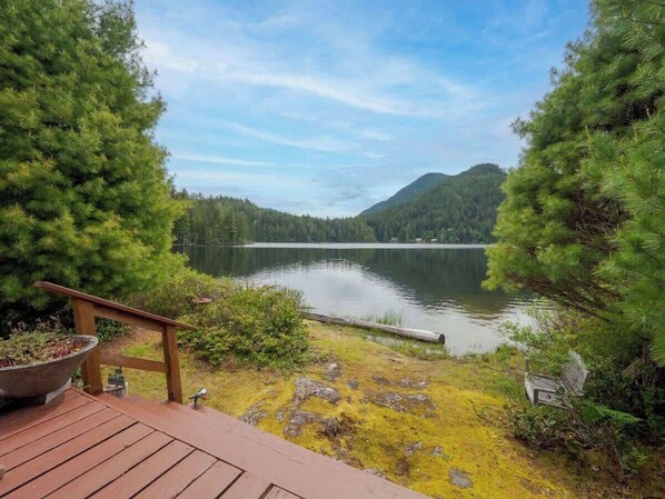 A wooden deck overlooking a calm lake with dense forest in the background.