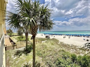 On the beach, sun loungers, beach towels