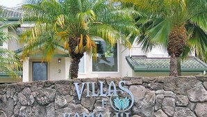 Een stenen muur met daarop de tekst 'Villas of Kamaliti' en een palmboom voor.