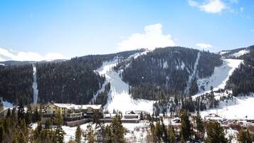 Eine Lodge mit mehreren Gebäuden, einer Skipiste und einem bewaldeten Berg im Hintergrund.