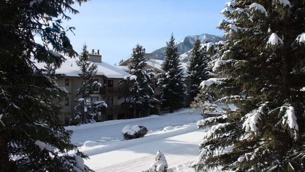 A snow-covered landscape with a building surrounded by evergreen trees. - JHRL - Rendezvous B4, Comfortable Slope-side Condo, Hot tub next door (Teton Village)