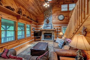 Een televisie, een open haard en een dvd-speler