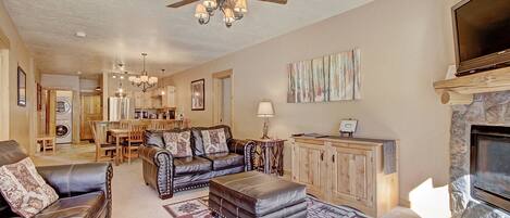 Fireplace, DVD player, video library
