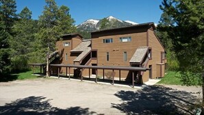 Een houten chalet met een trap naar een terras, omringd door bomen en een berg op de achtergrond.