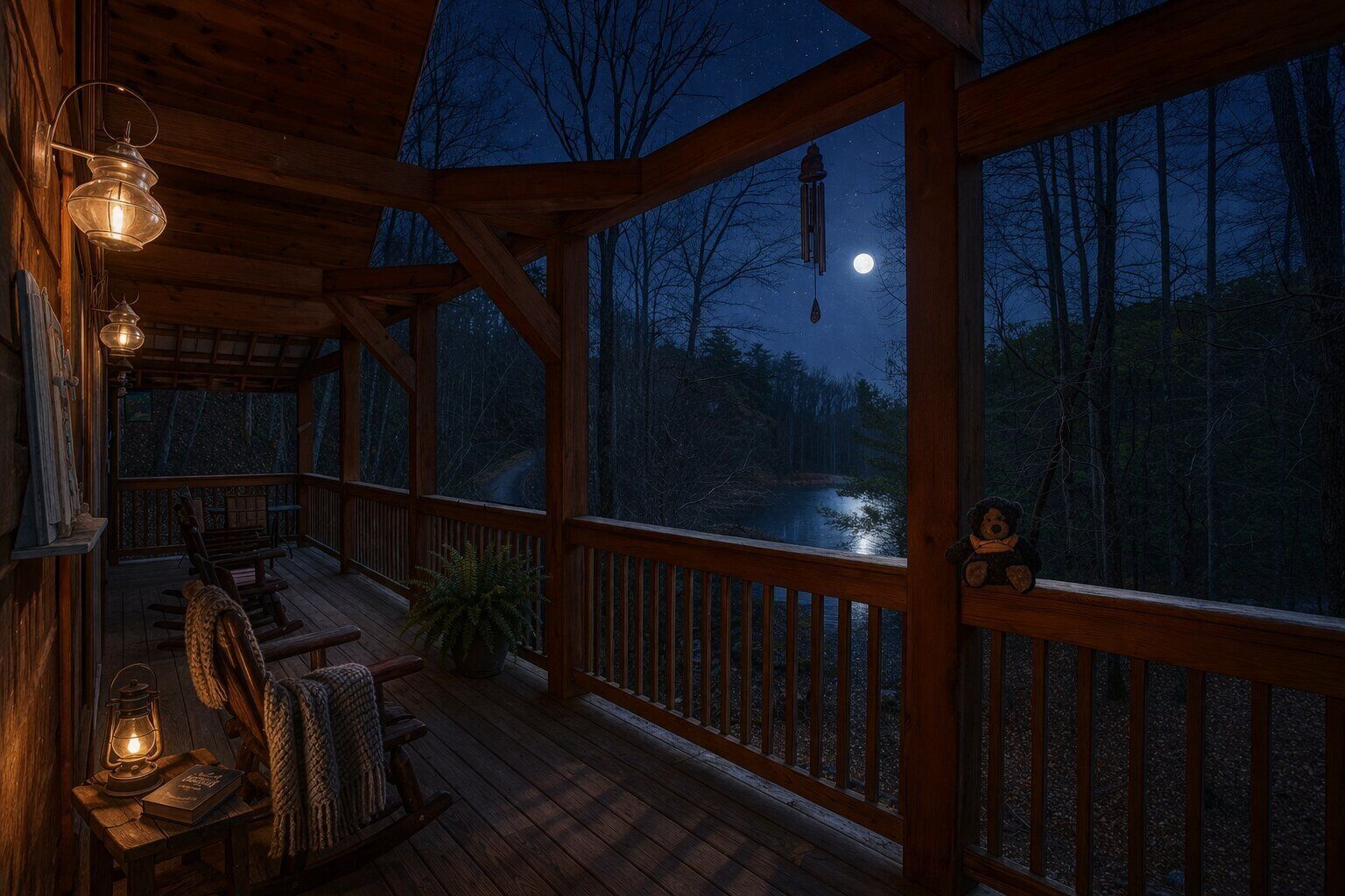 A wooden deck with a view of a lake and trees at night.