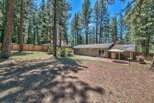 A single-story house with a covered porch, surrounded by tall pine trees.