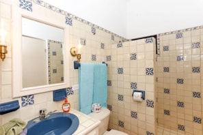 Bathroom features a blue sink, white toilet, and blue and white tile walls, along with a towel and soap dispenser.