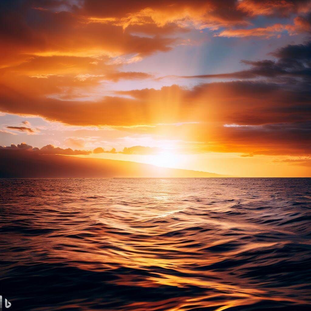 Una puesta de sol sobre un mar tranquilo con horizonte despejado.