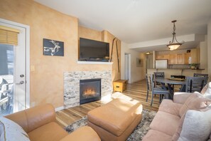 Smart TV, fireplace, books, stereo